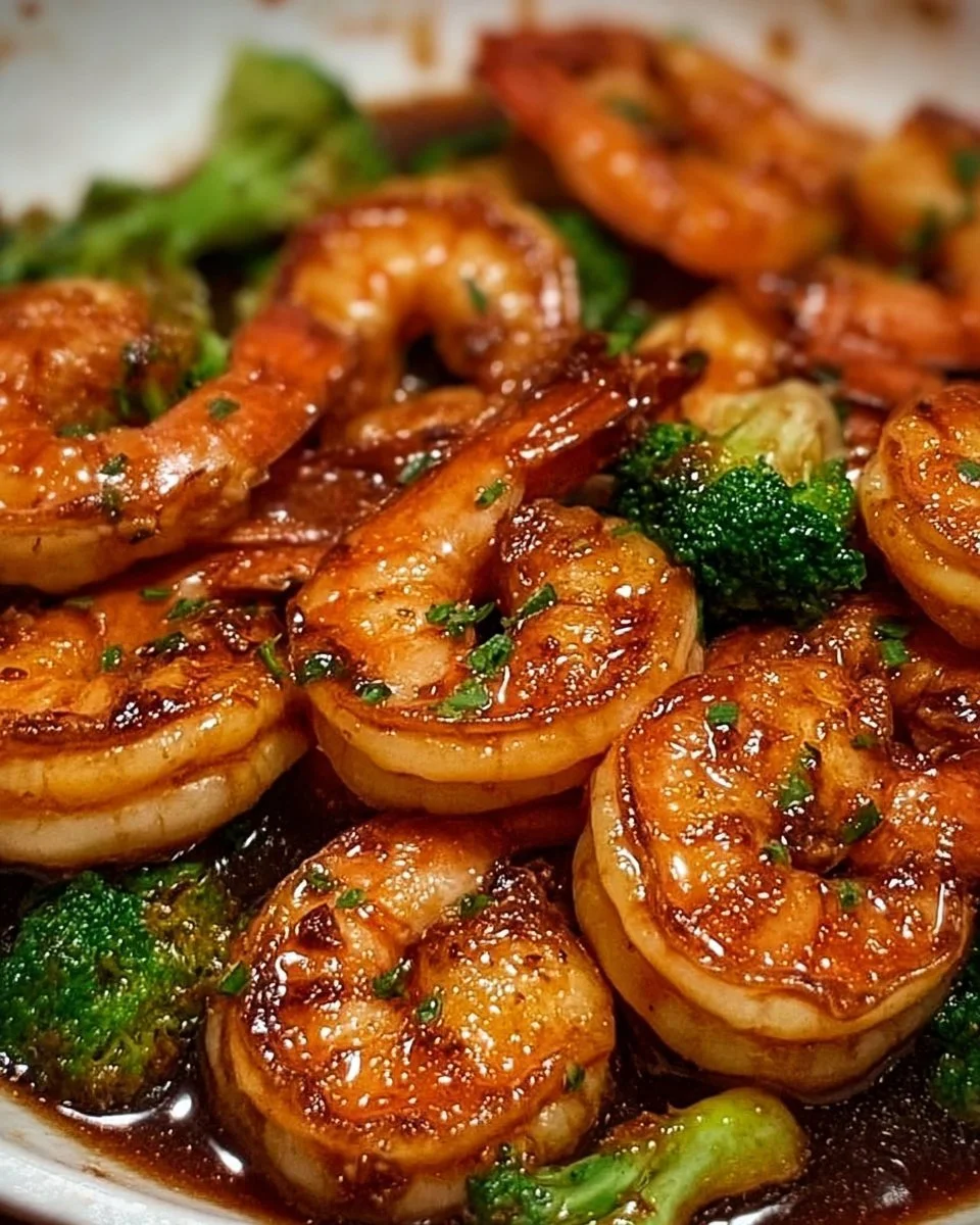 Delicious plate of Honey Garlic Shrimp garnished with green onions.