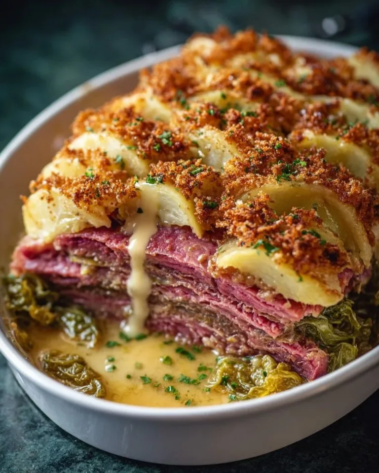 Irish Corned Beef Bake with vegetables and cheese in a baking dish.