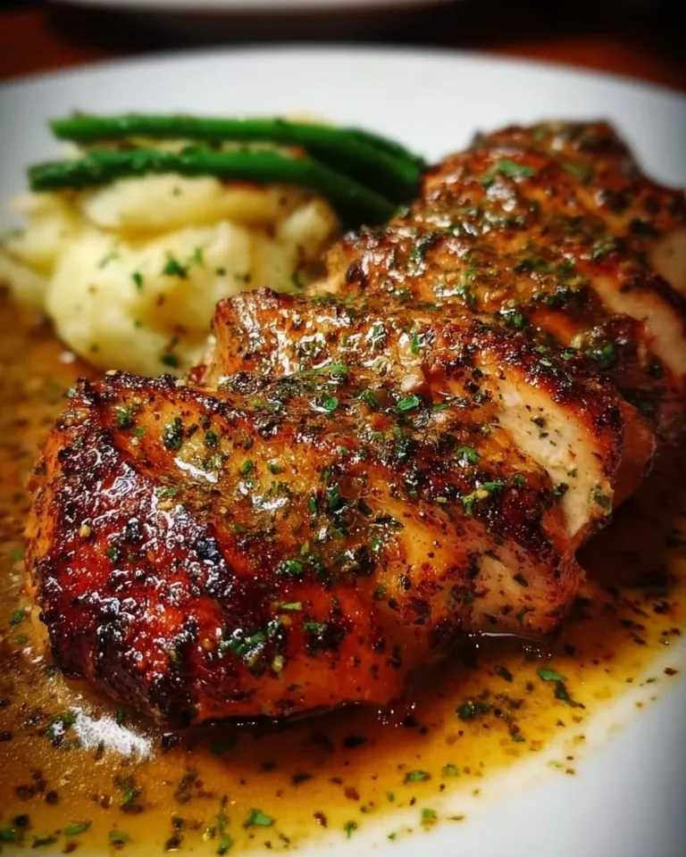 Delicious creamy comfort chicken served on a plate with fresh herbs