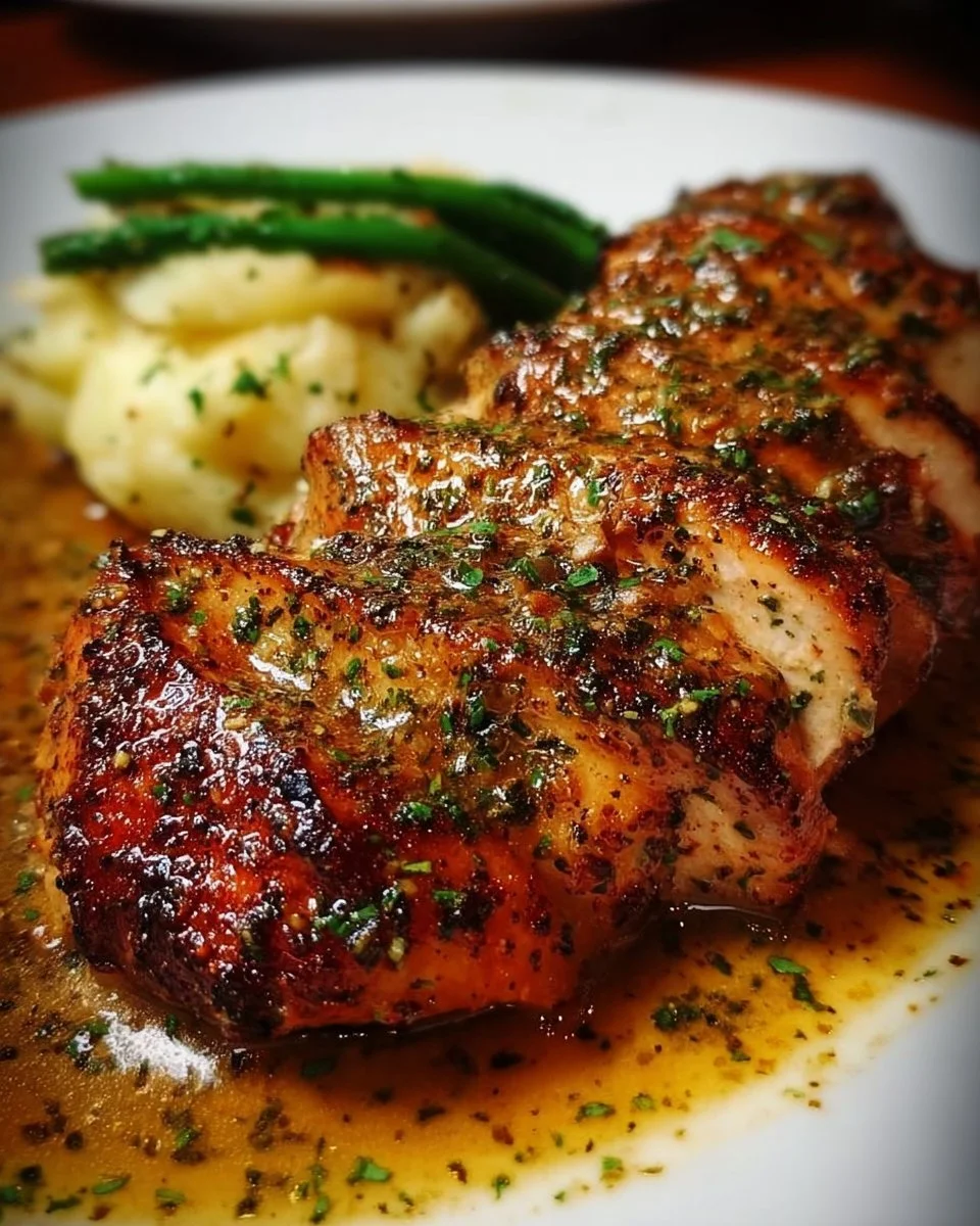 Delicious creamy comfort chicken served on a plate with fresh herbs