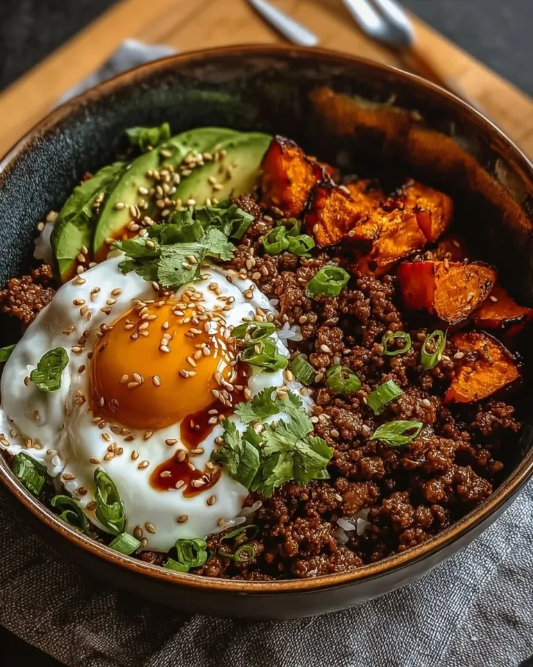 Ground Beef Hot Honey Bowl topped with fresh ingredients and drizzled with hot honey