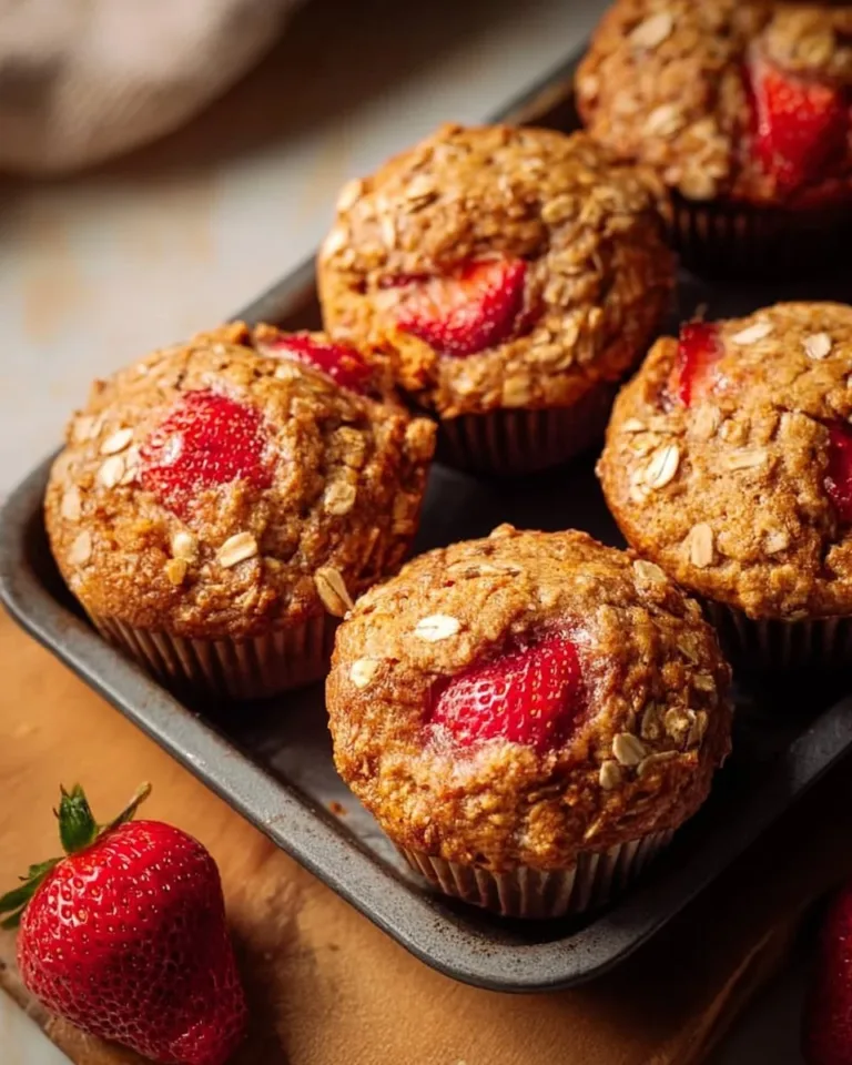 Freshly baked strawberry oatmeal muffins on a wooden table