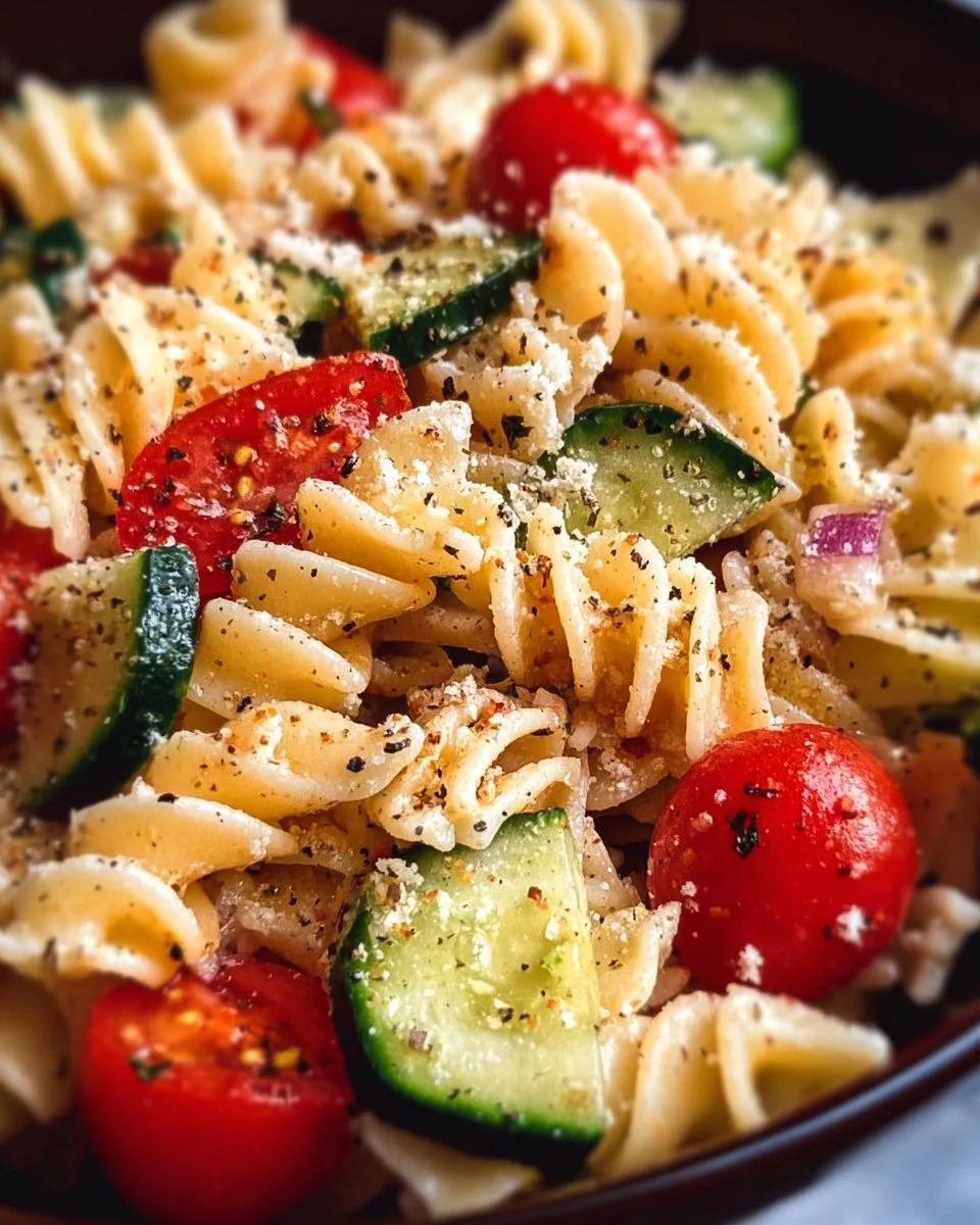 Colorful Italian Pasta Salad with vegetables and dressing in a bowl