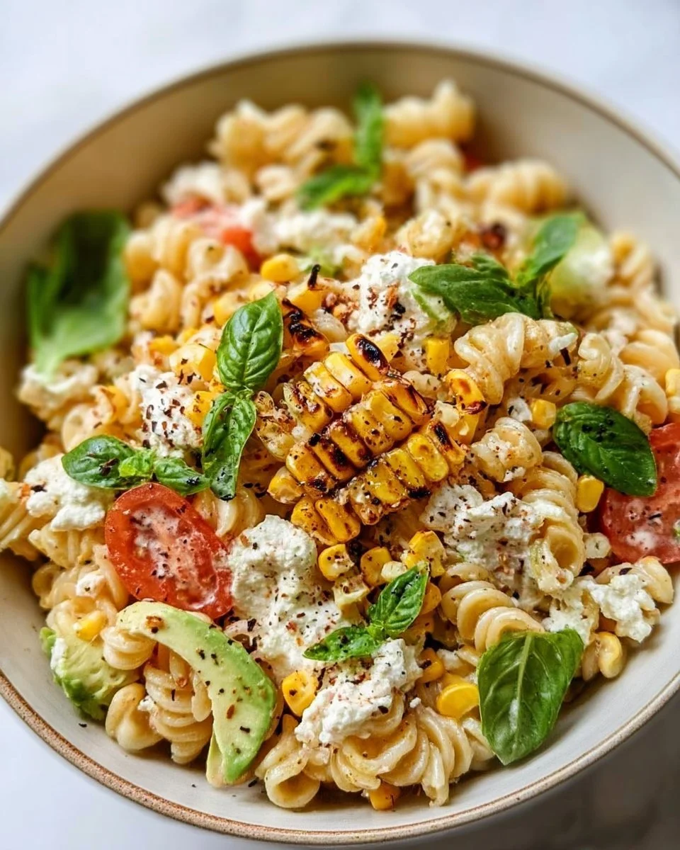 Delicious street corn pasta salad with fresh ingredients and vibrant colors
