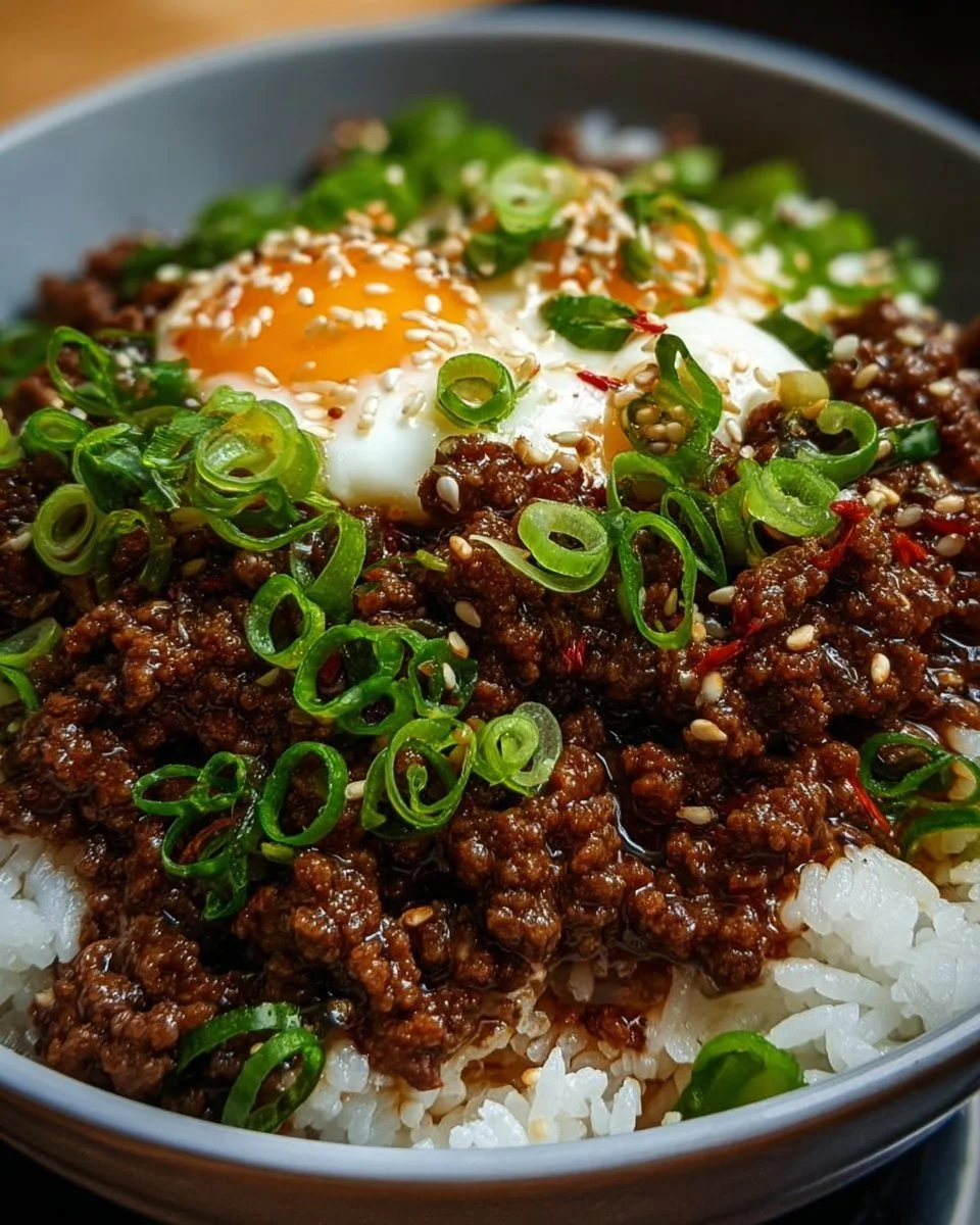Delicious Korean-style ground beef bowl topped with vegetables and sesame seeds