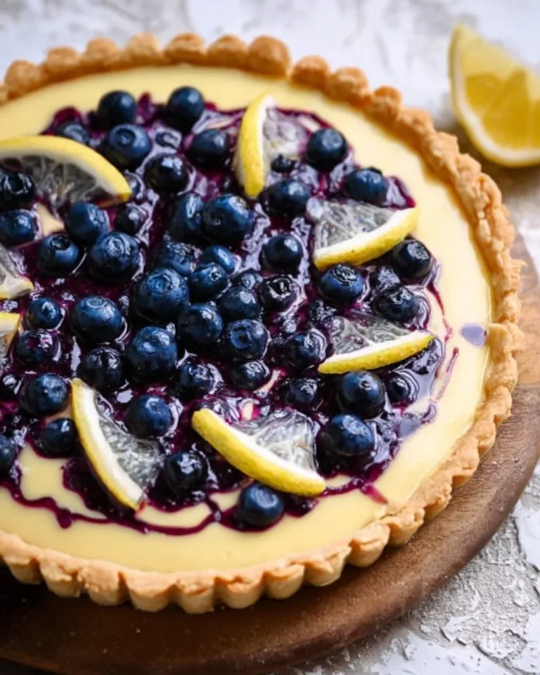 Delicious lemon blueberry tart garnished with fresh blueberries on a white plate