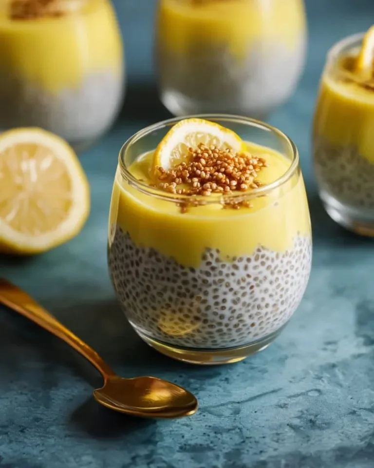 Lemon chia seed pudding served in a glass with fresh lemons and chia seeds