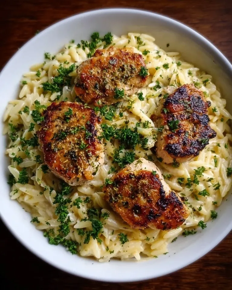 Delicious lemon pepper chicken served with orzo and garnished with herbs