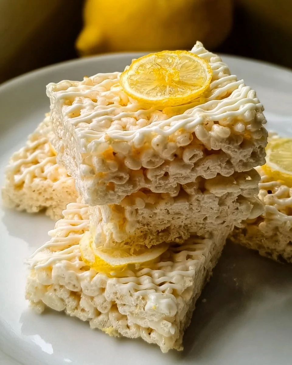 Lemon Rice Krispy Treats with a lemon slice garnish on a white plate.