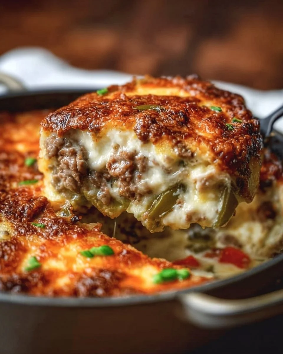 Low Carb Philly Cheesesteak Casserole served in a baking dish with melted cheese on top