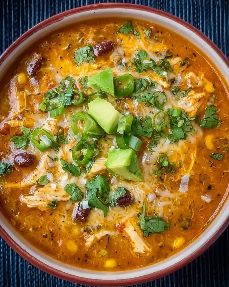 Bowl of low-fat chicken enchilada soup garnished with cilantro and lime.