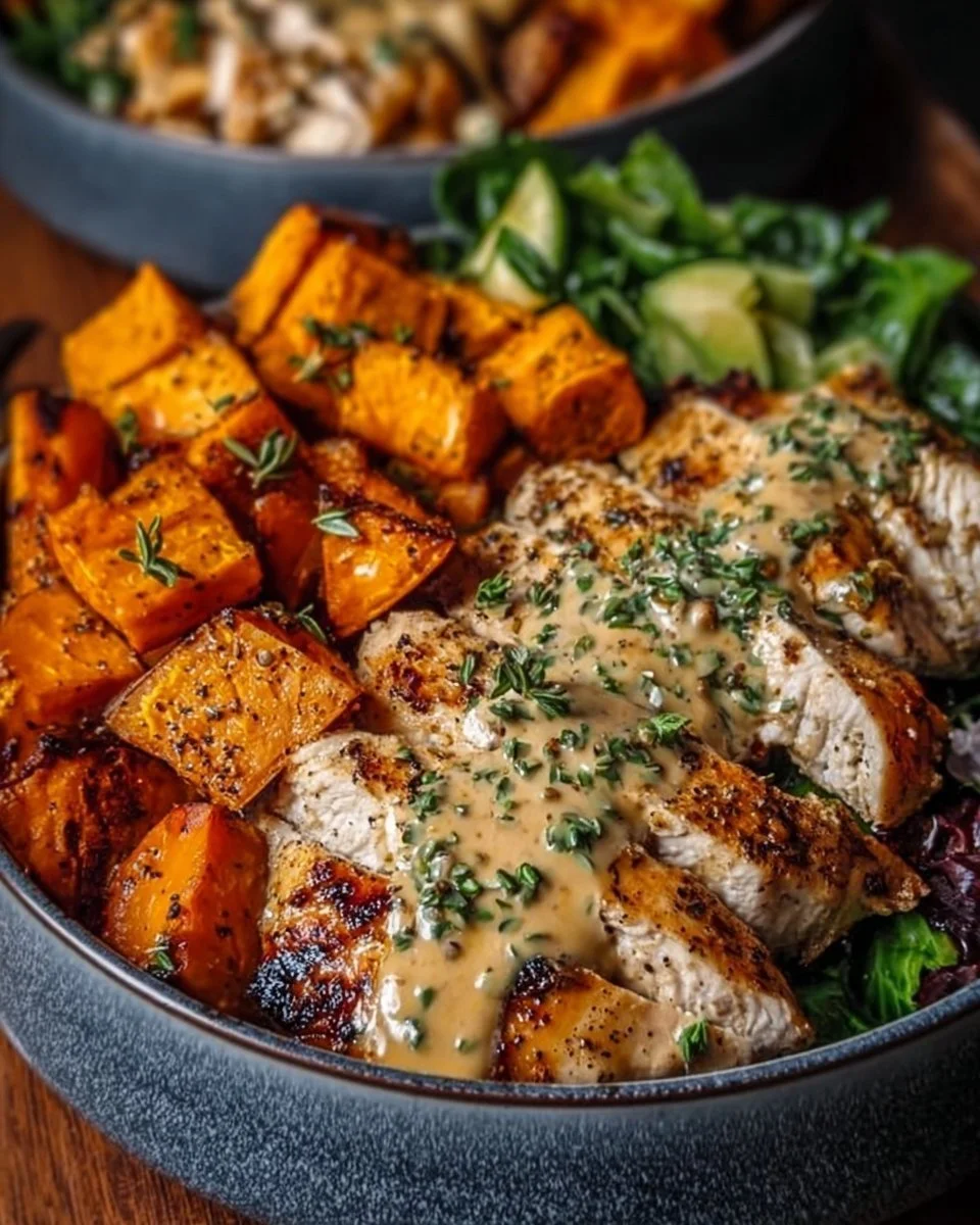 Maple-Dijon Chicken with sweet potatoes in a nutritious bowl