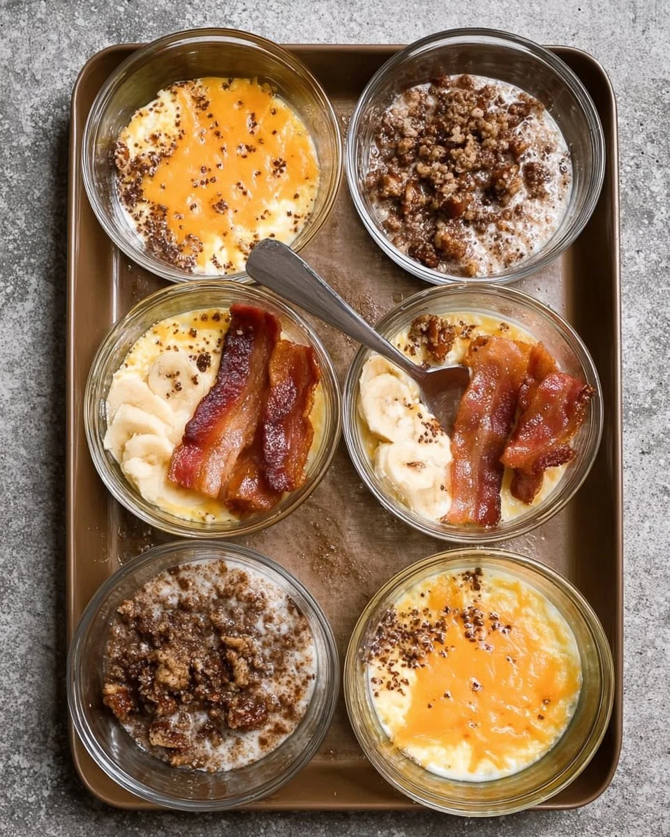 Colorful meal prep breakfast bowls with fruits and grains.