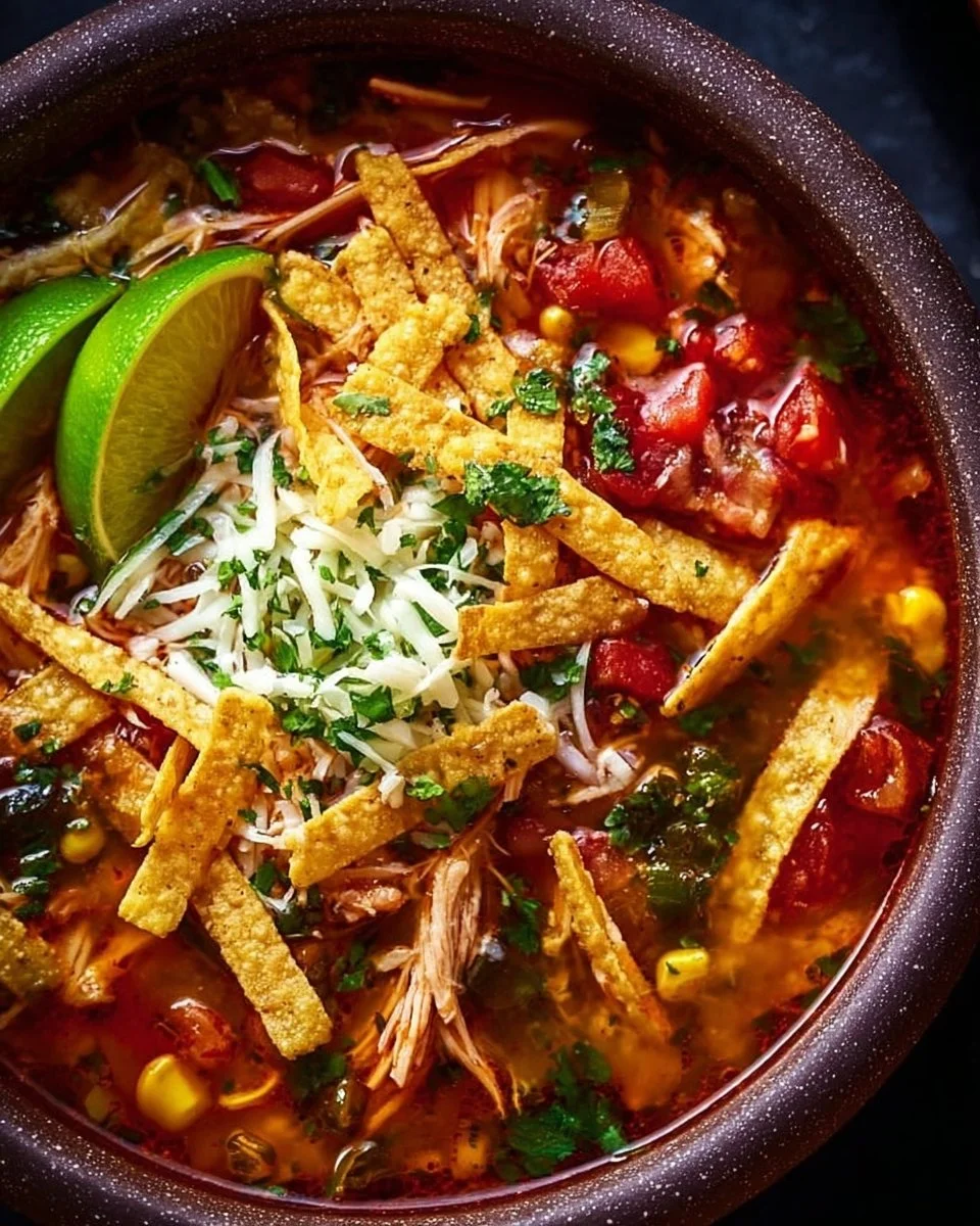 Bowl of Mexican Instant Pot Turkey Tortilla Soup topped with crispy tortilla strips and avocado