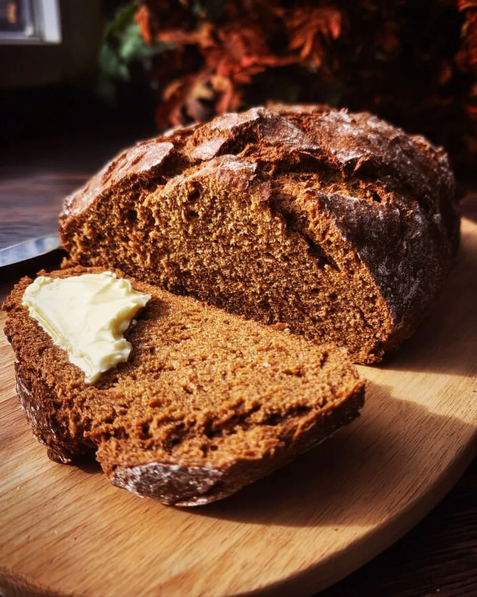A loaf of freshly baked molasses brown soda bread on a wooden cutting board.