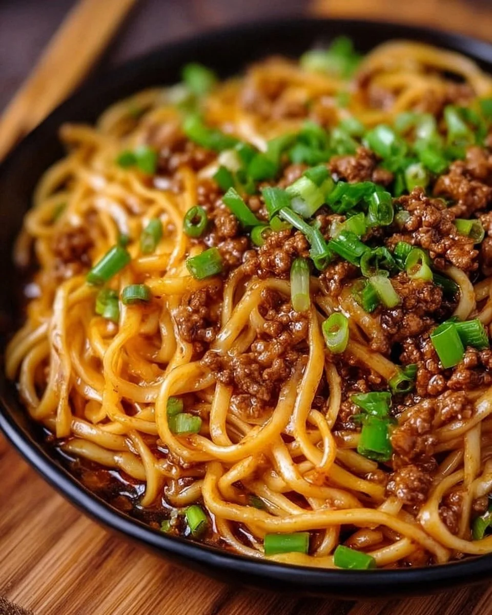 A bowl of Mongolian Ground Beef Noodles garnished with green onions.