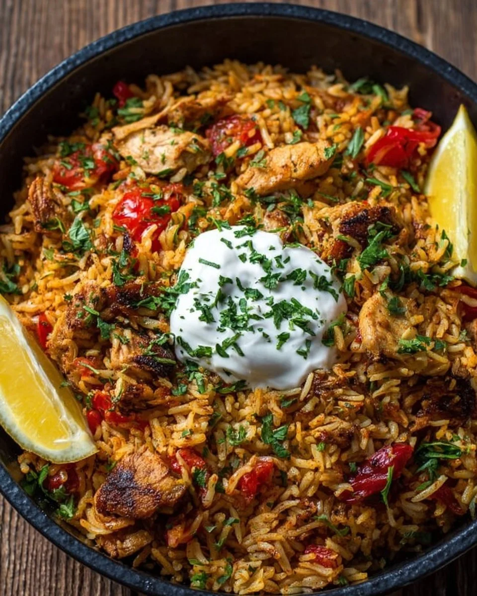 One Pot Chicken Shawarma Rice dish featuring seasoned chicken and rice.