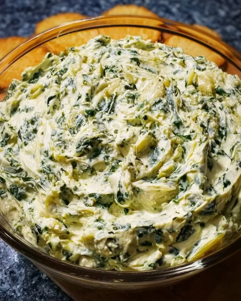 Creamy party cold spinach artichoke dip served in a bowl with crackers