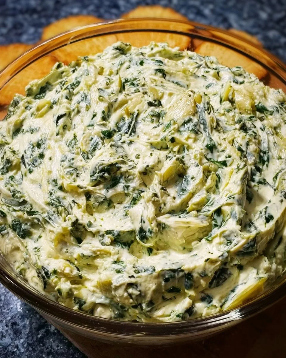 Creamy party cold spinach artichoke dip served in a bowl with crackers