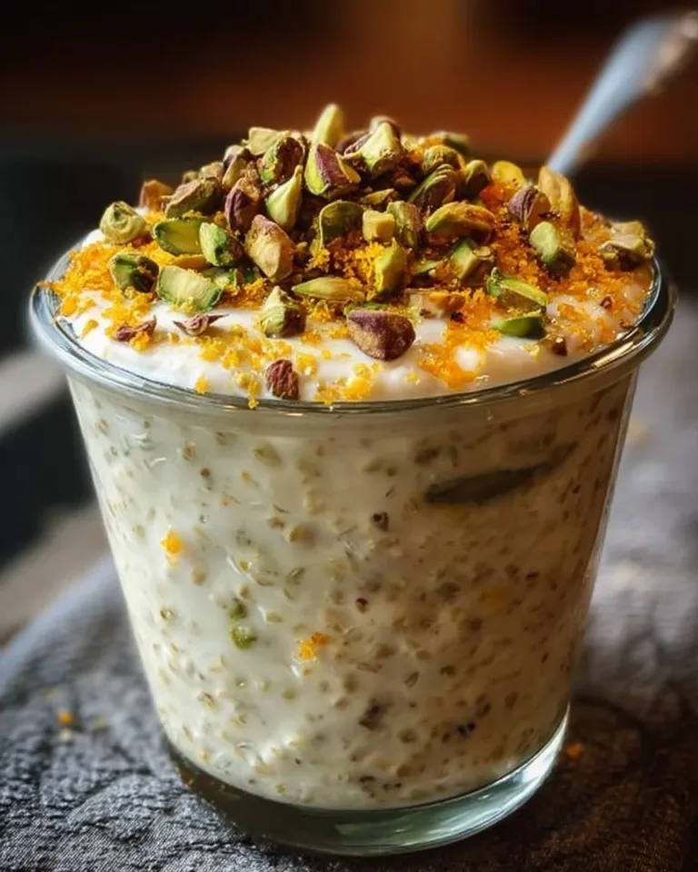 Pistachio Orange Blossom Overnight Oats topped with nuts and citrus zest