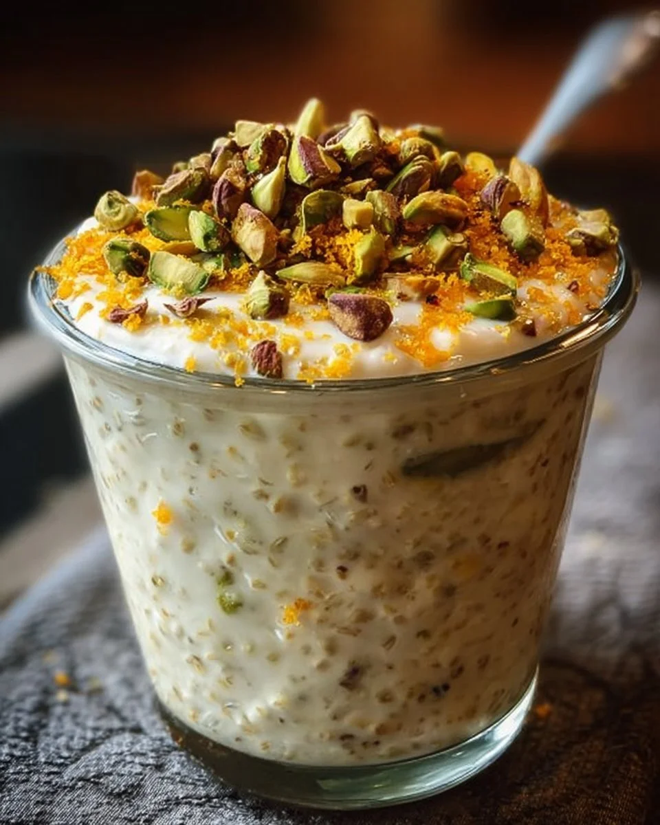 Pistachio Orange Blossom Overnight Oats topped with nuts and citrus zest