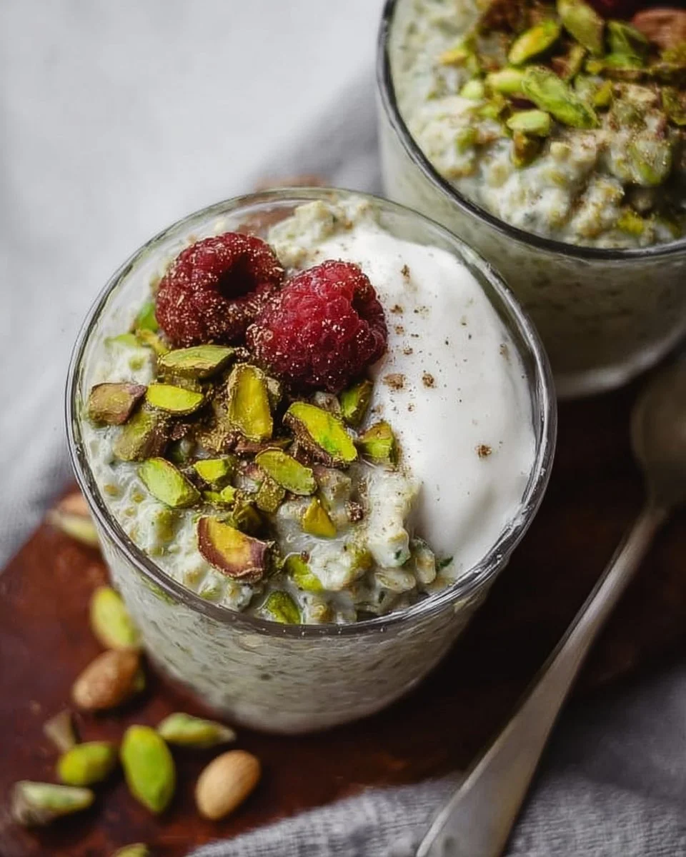 Bowl of creamy pistachio overnight oats topped with nuts and fruits