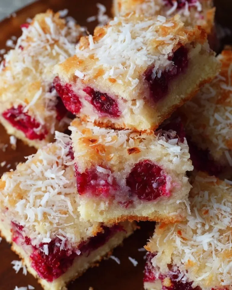 Delicious Raspberry Coconut Bars topped with fresh raspberries and coconut flakes