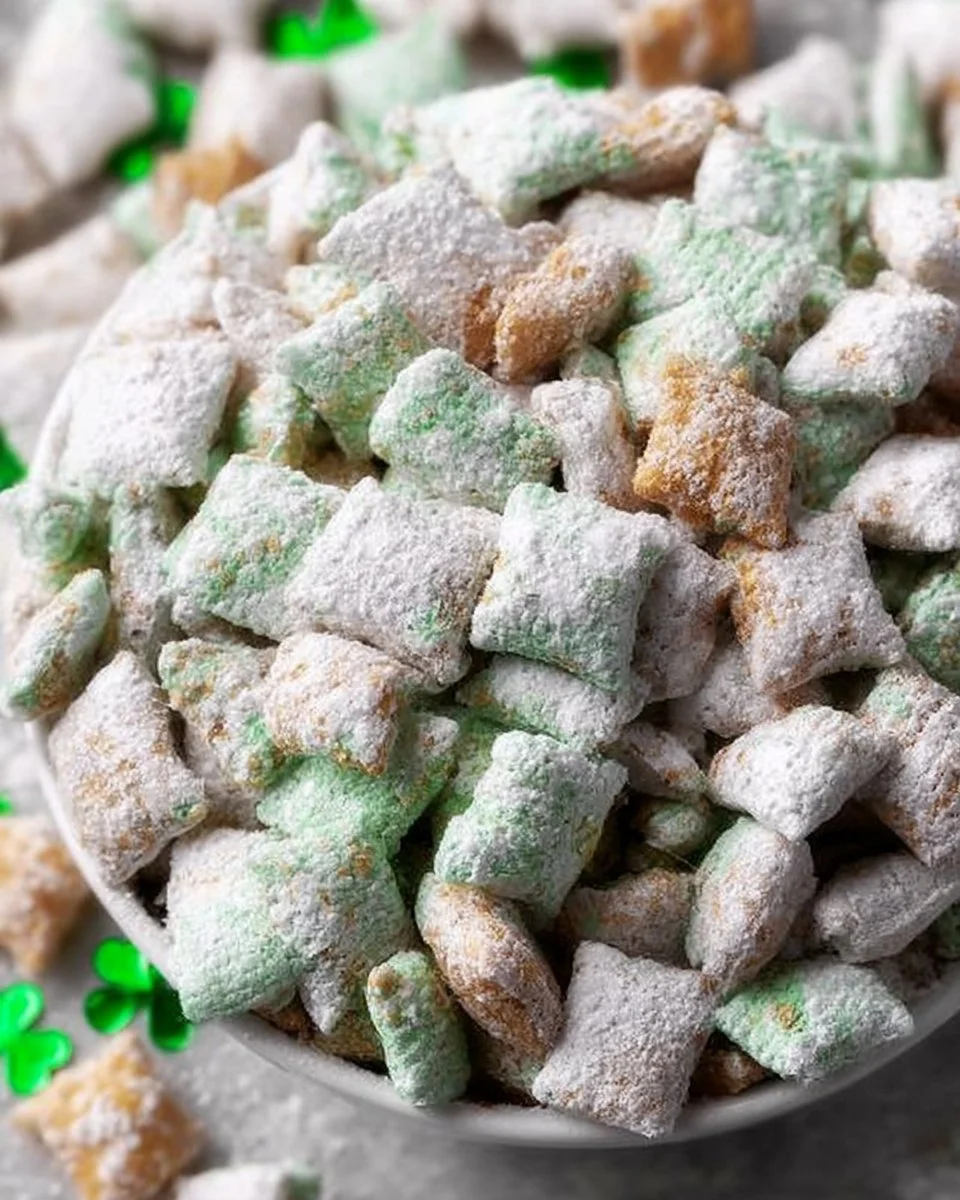 Saint Patrick's Day Puppy Chow with green treats and festive decorations.