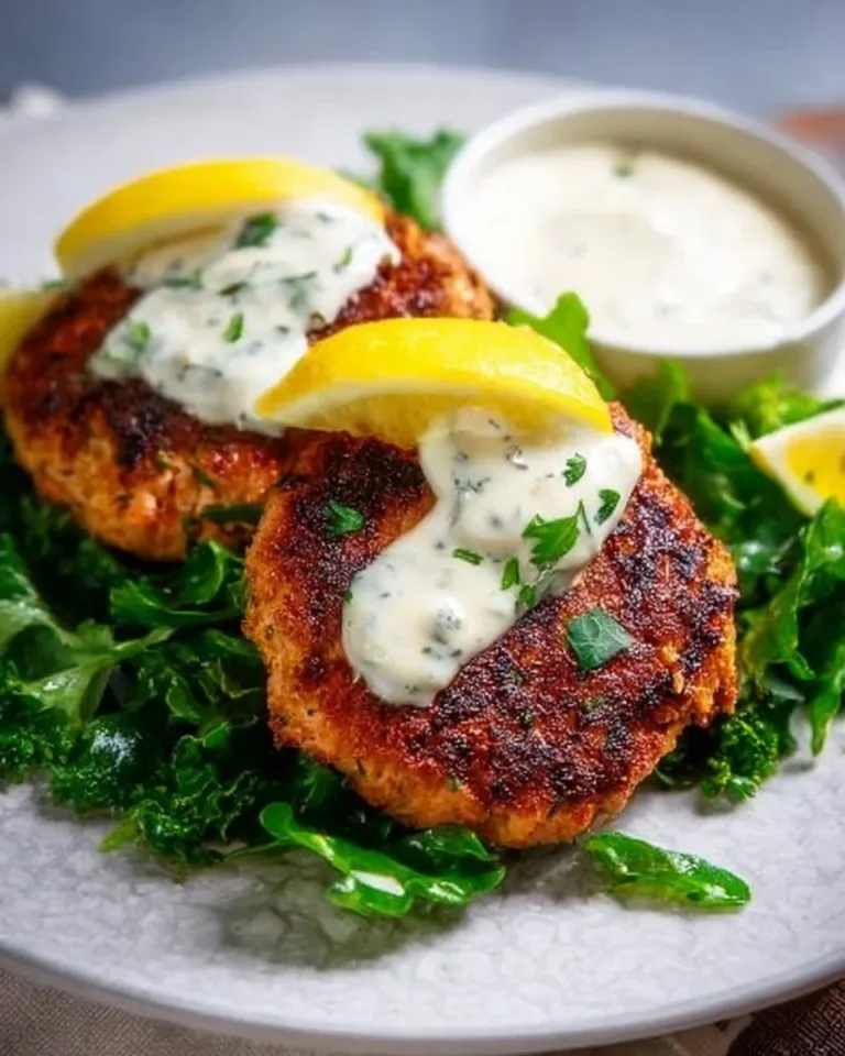 Crispy salmon patties served with a delicious lemon-garlic sauce