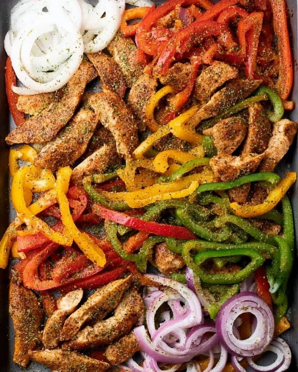 Delicious sheet pan chicken fajitas with colorful peppers and onions.