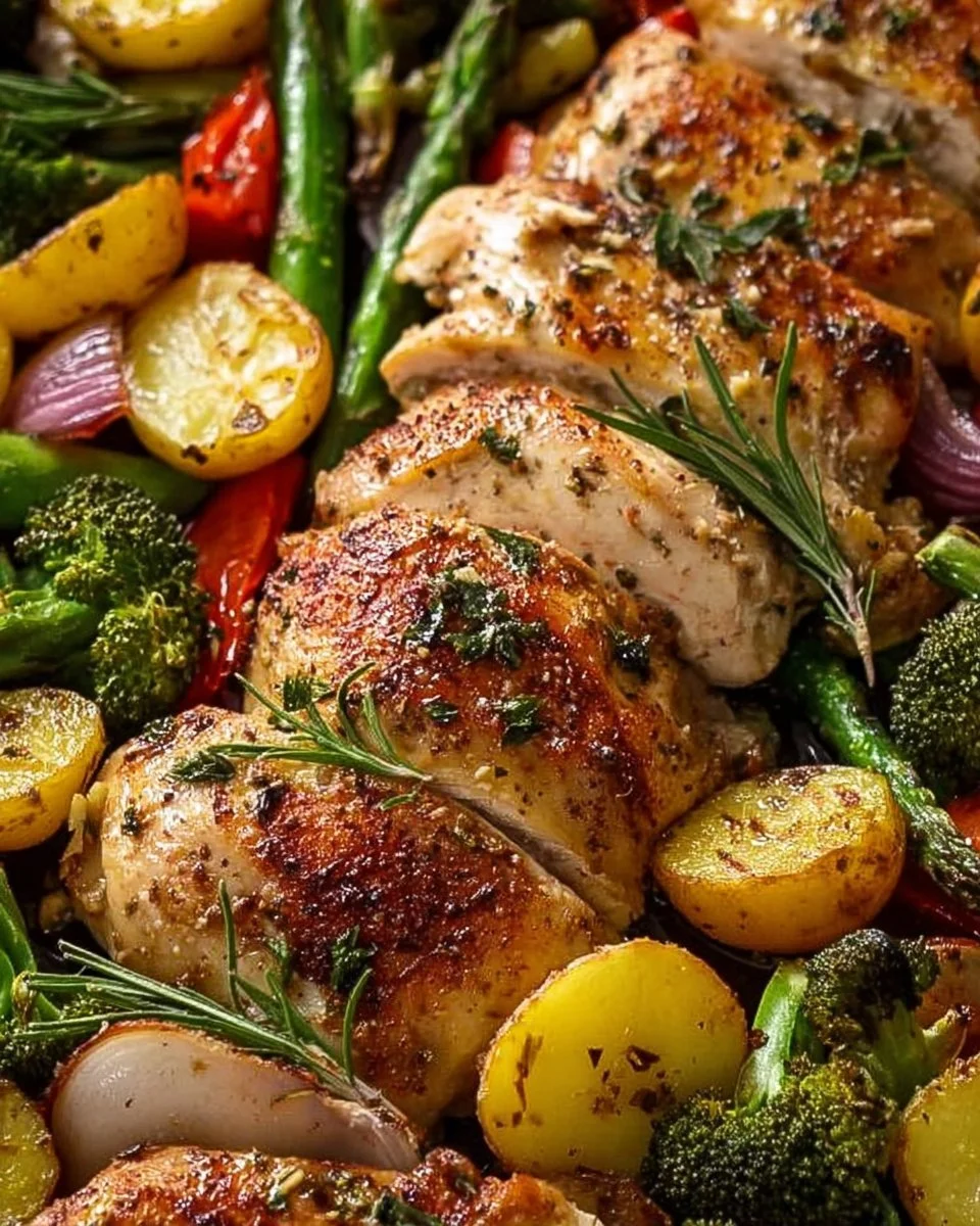 Sheet pan meal featuring garlic butter chicken and colorful roasted veggies.