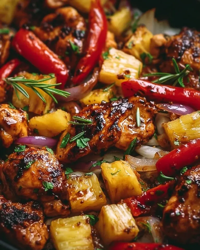 Sheet-pan Hawaiian chicken garnished with pineapple and served with colorful veggies