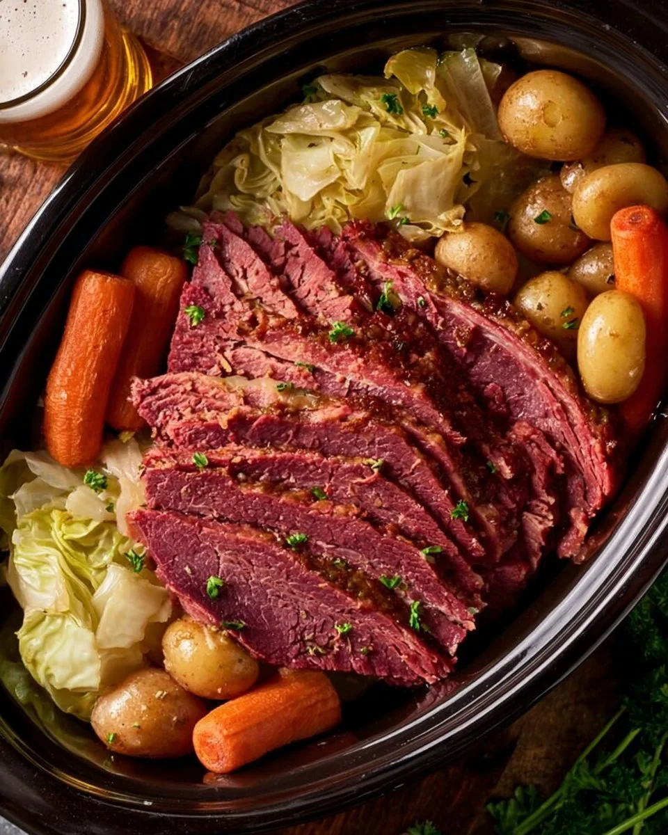 Delicious slow cooker corned beef and cabbage dish ready to serve.