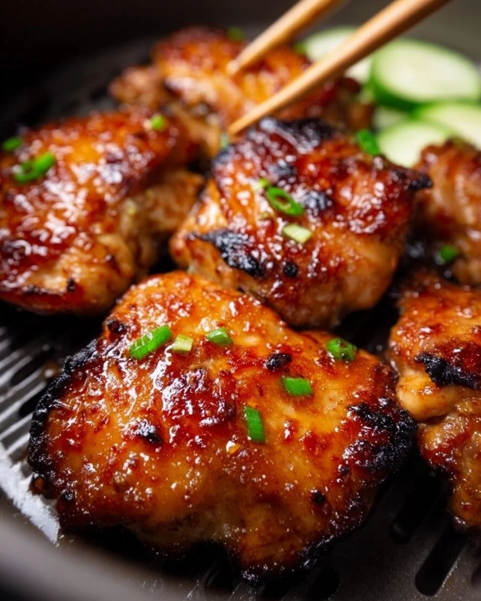 Sticky Sweet Chili Chicken Thighs garnished with green onions and sesame seeds