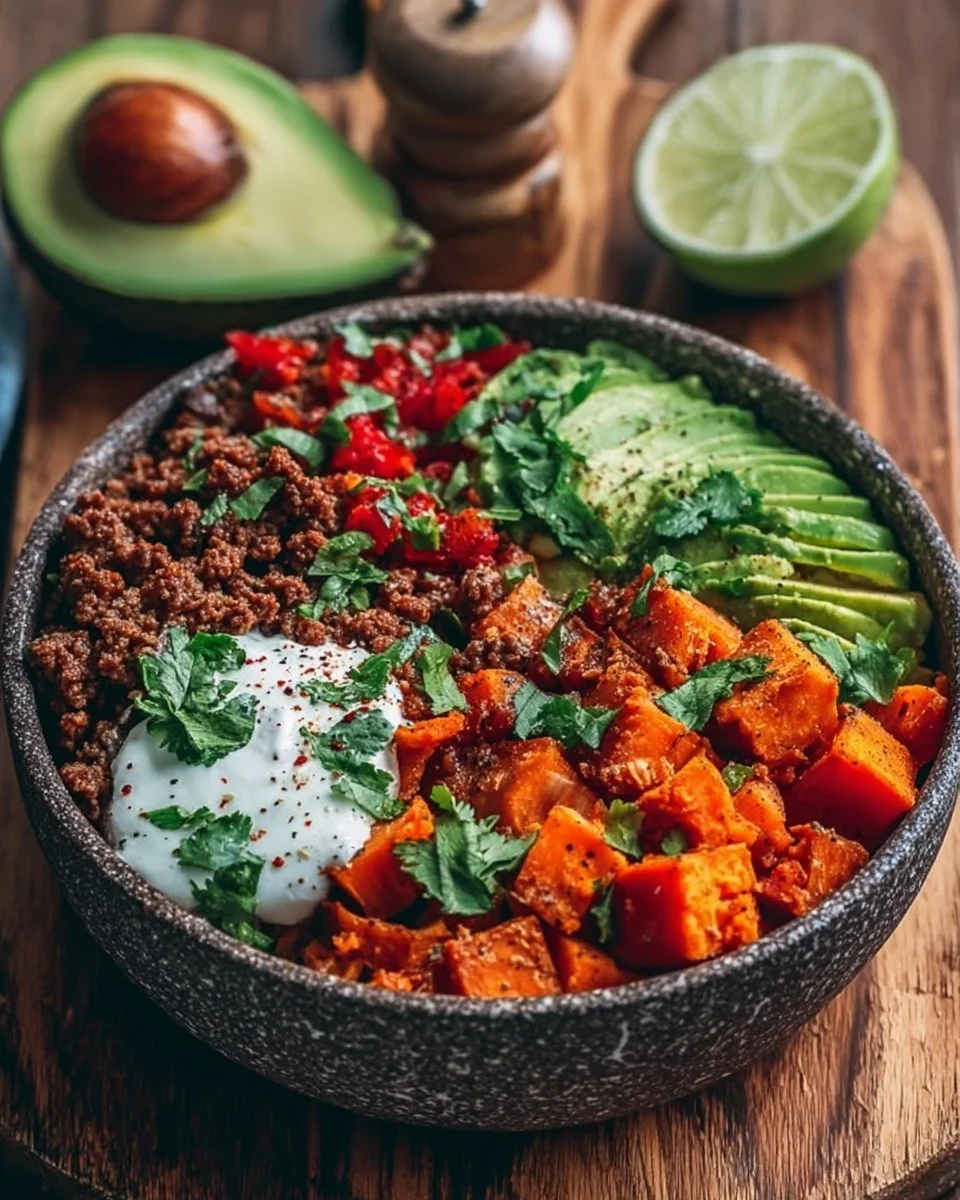Colorful sweet potato taco bowl with fresh vegetables and toppings