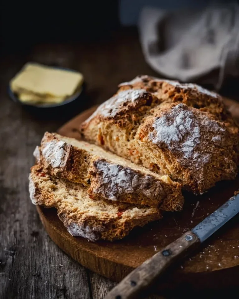 Loaf of freshly baked Traditional Irish Soda Bread on a wooden table.