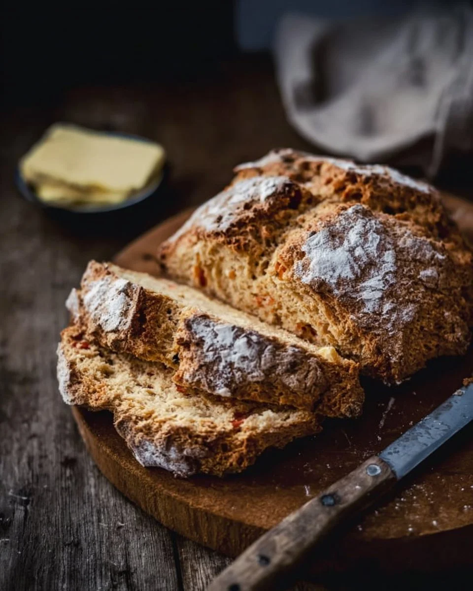 Loaf of freshly baked Traditional Irish Soda Bread on a wooden table.
