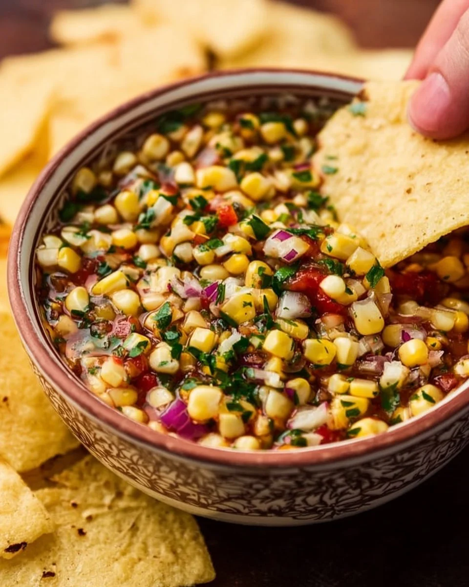 Bowl of homemade Chipotle Chili Corn Salsa with corn and peppers