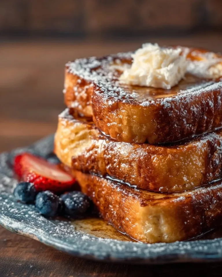 Deliciously prepared slices of easy French toast served with syrup and berries