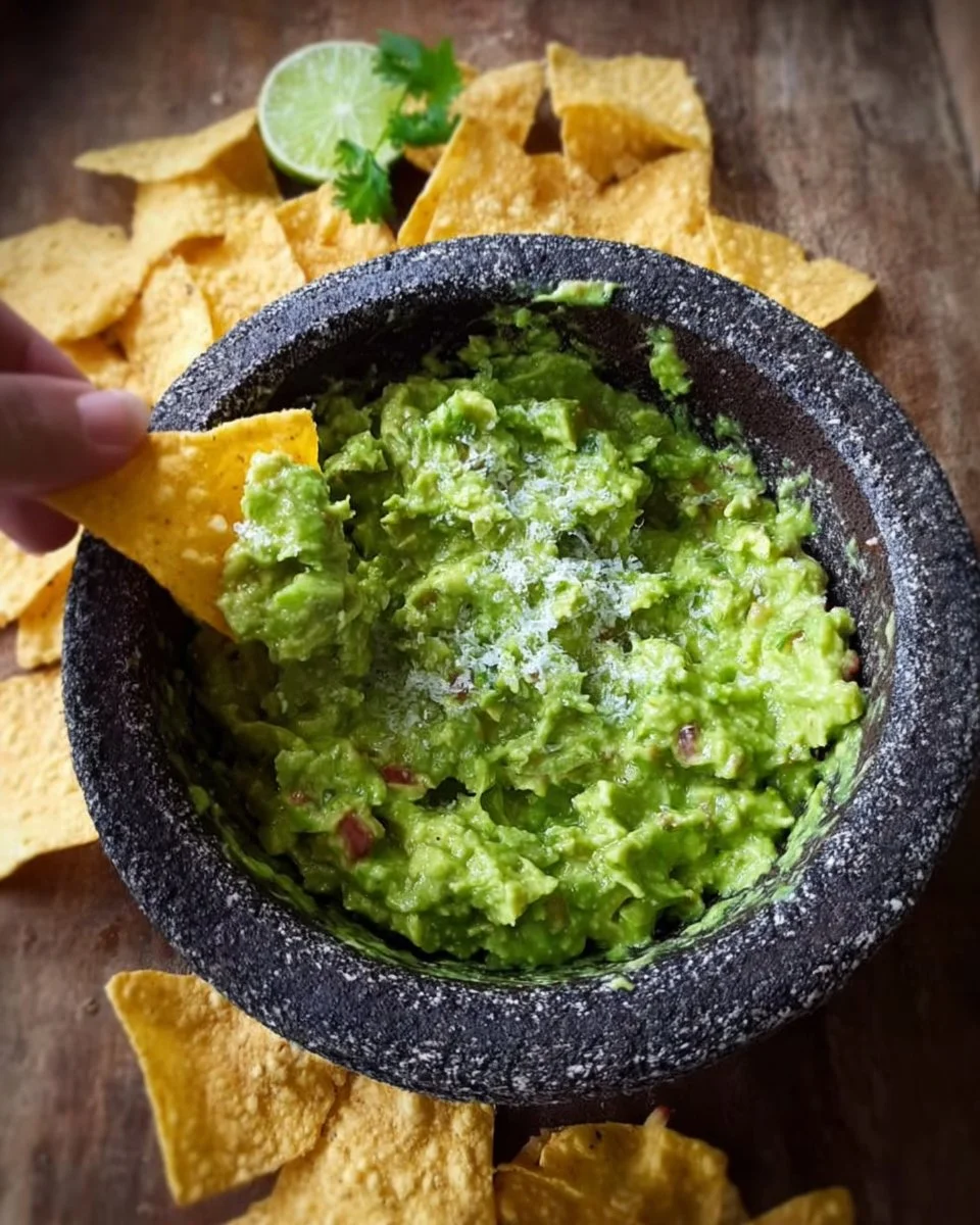 Bowl of easy homemade guacamole with fresh ingredients and tortilla chips