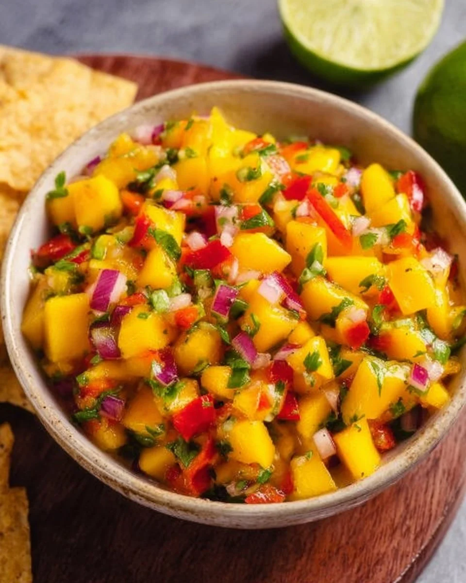 Bowl of easy mango salsa with diced mangoes, onions, and cilantro