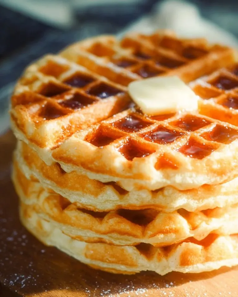 Delicious fluffy Belgian waffles topped with fresh fruits and syrup
