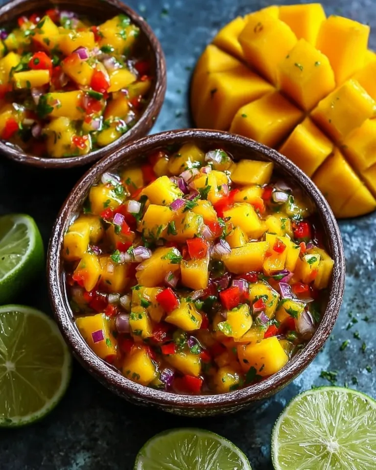 Guilt-free fresh mango salsa in a bowl with cilantro and lime