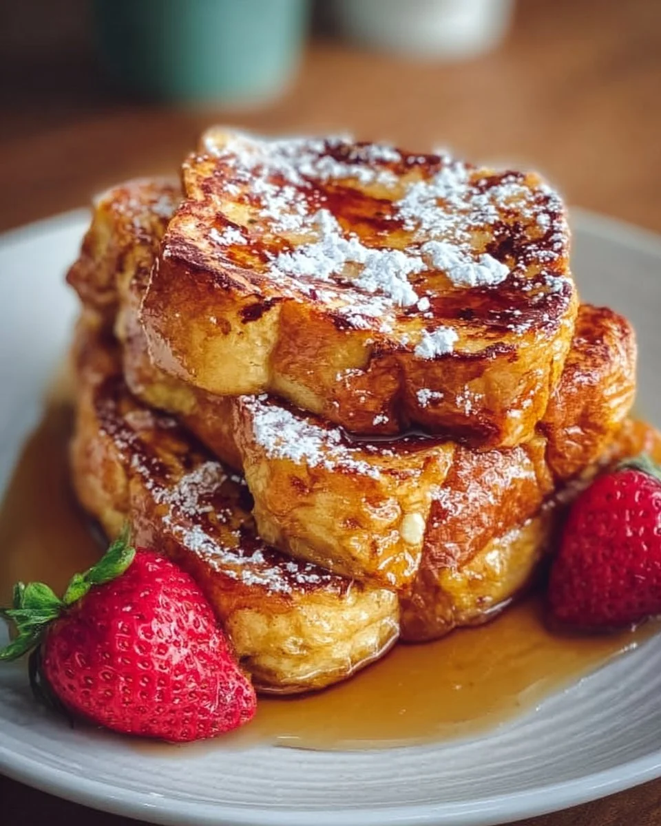 Delicious Hawaiian Roll French Toast topped with syrup and fruit