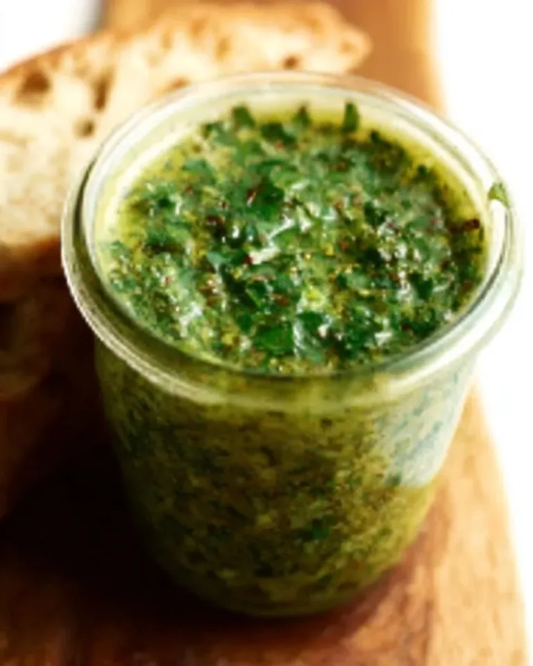 Bowl of quick zesty salsa verde with fresh ingredients on a table.