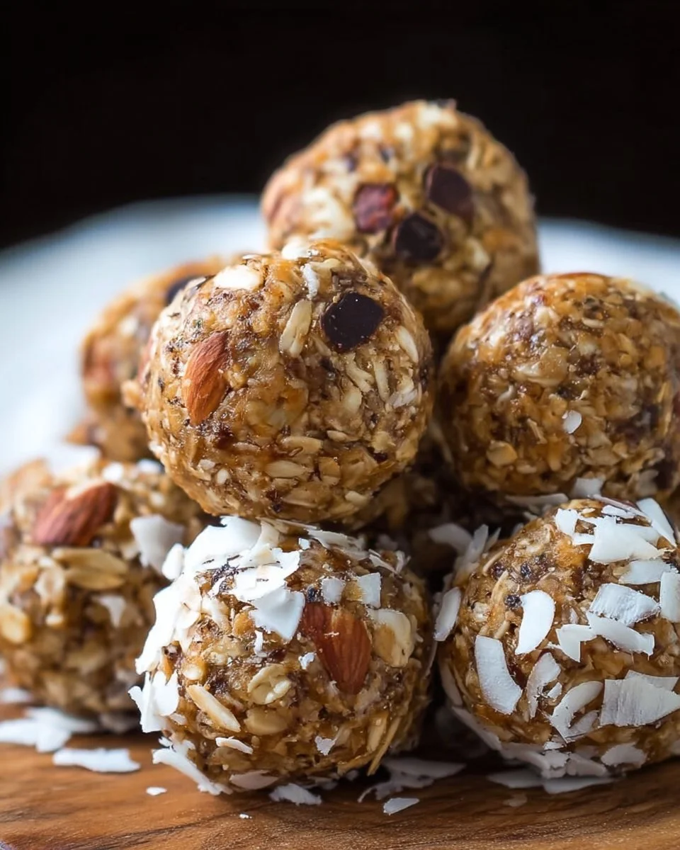 Almond Joy Energy Bites with chocolate, coconut, and almonds on a wooden table