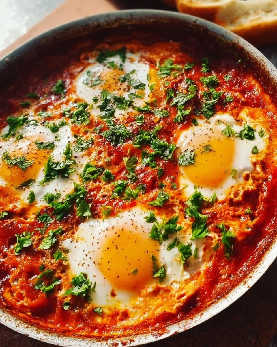 A delicious plate of authentic Shakshuka with eggs and spices.