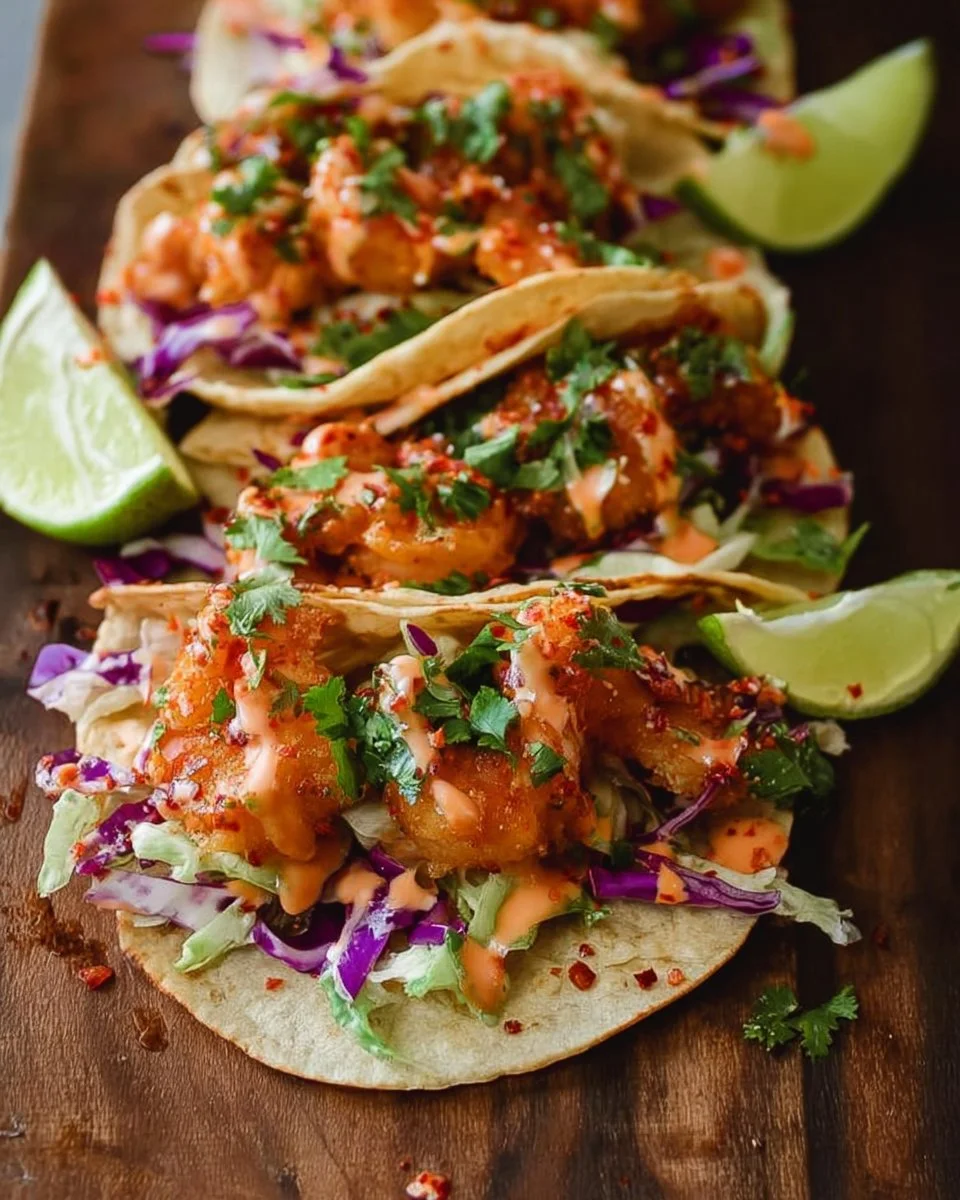 Delicious Bang Bang Shrimp Tacos with crispy shrimp and zesty sauce