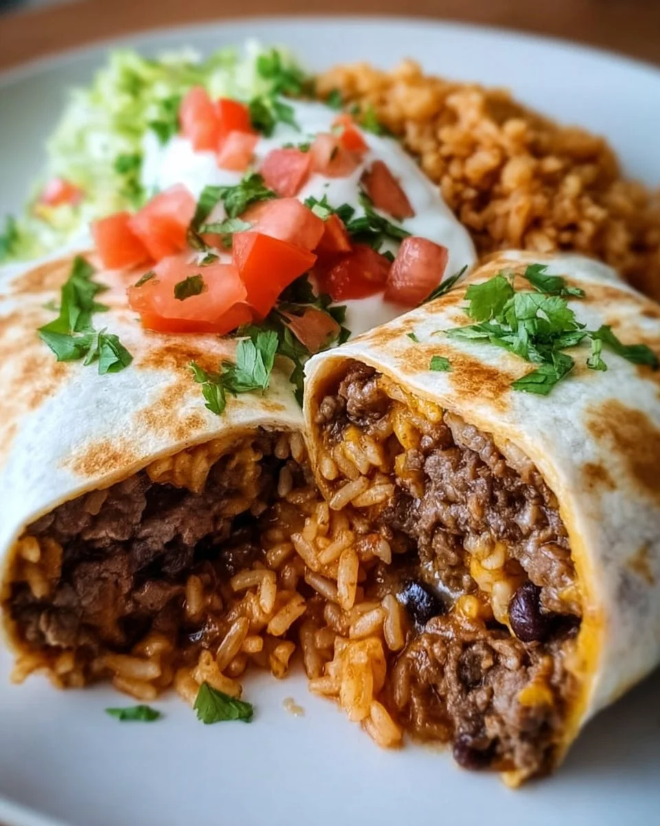 Delicious beef burritos served with vibrant Mexican rice on a plate.