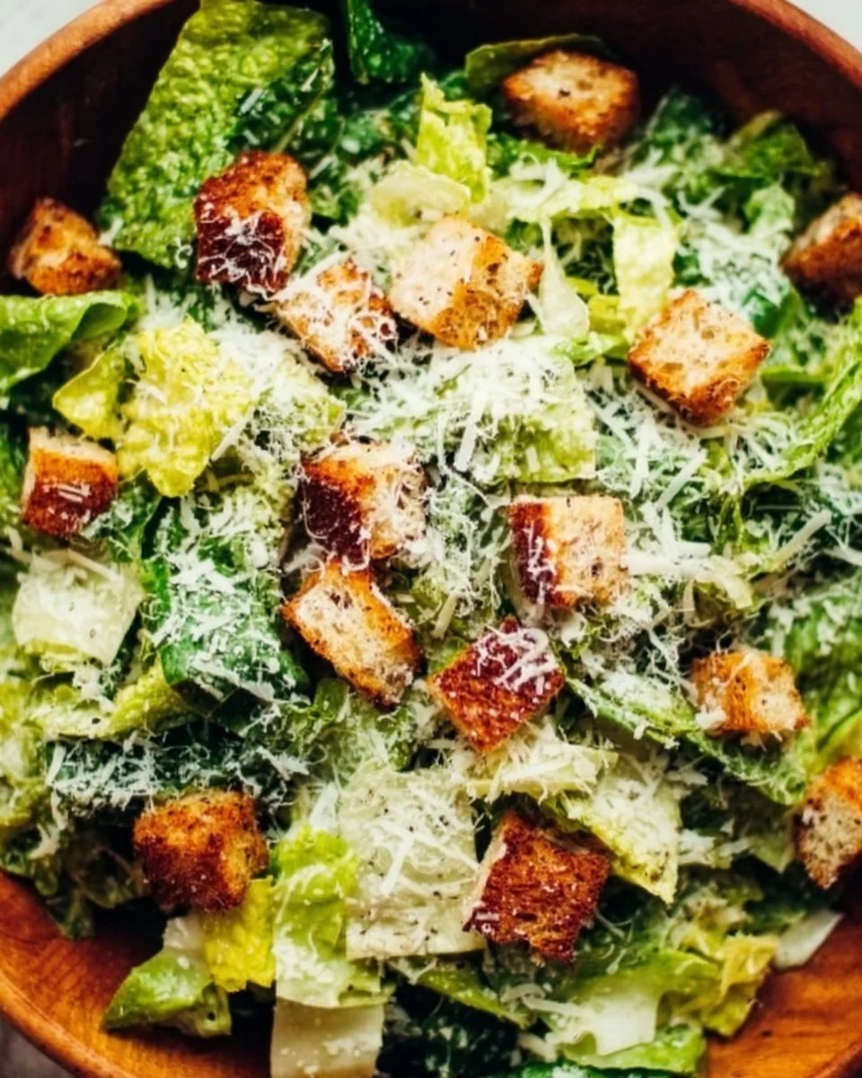 A fresh and delicious Caesar salad topped with parmesan cheese and croutons